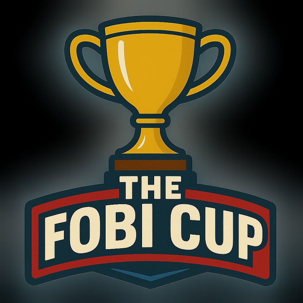 Cartoon-style logo of The Fobi Cup featuring a golden trophy with bold black outlines and a red banner that reads “THE FOBI CUP” in cream-colored block letters.